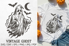 Vintage Halloween Ghost SVG – creepy retro phantom with flowing sheet, crescent moon, and bats. Perfect for Halloween t-shirts, mugs, tote bags, stickers, invitations, party decor, posters, and vintage haunted projects.