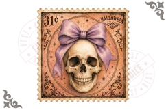 Vintage Halloween Skull With Bow Postage Stamp PNG Product Image 1