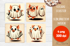 Vintage Halloween Square Coaster, Boo Ghost pig Product Image 1