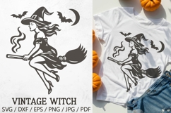Vintage Halloween Witch SVG – elegant witch flying on a broomstick with moon and bats in retro gothic style. Perfect for Halloween shirts, mugs, tote bags, stickers, invitations, posters, decorations, and party crafts.