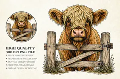 Vintage Highland Cow Fence Design PNG, Farmhouse Design Product Image 1