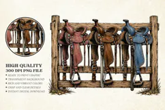 Vintage Horse Saddles PNG Graphic, Cowboy Western PNG Product Image 1
