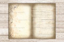 Vintage Vintage Paper Sheets with Watercolor Floral Flowers Junk Journal Pages. Old floral sepia pages. Right horizontally lined page with stripes