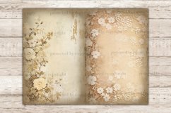 Vintage Vintage Paper Sheets with Watercolor Flowers and Floral Ornaments Junk Journal Pages. Old floral sepia pages. Yellow roses on the left, floral ornaments of flowers on the right