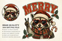 Vintage Merry Christmas Raccoon PNG, Festive Animal Design Product Image 1