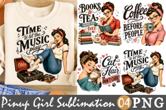 Vintage Pinup Girl Sublimation, Retro Books Coffee Cat Music Product Image 1