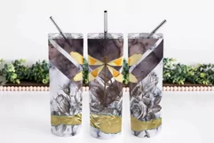Vintage Skinny Tumbler Design, Sublimation Tumbler Wrap, Skinny Tumbler 20 OZ, Rose And Dragonfly, Floral Sublimation Designs, Seamless Full Wrap, Flower Sublimation Waterslide, Vintage Tumbler Decal, Printable Vintage Png, V Split Tumbler Design