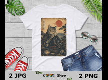 Vintage Samurai Cat PNG JPG,Japanese Ukiyo-e Cat Sublimation Product Image 3