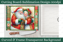 Vintage Santa and Mrs. Claus Christmas cutting board sublimation PNG featuring a quilt-inspired patchwork border, cozy farmhouse holiday artwork, festive kitchen décor, and traditional Christmas colors.