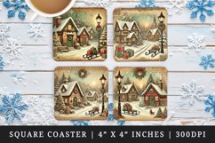 Vintage snowy village cottages snow trees glowing streetlamp holiday Christmas New Year winter print square coaster mug coasters sublimation design