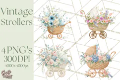 Baby Shower Clipart, Vintage Stroller Png Watercolor Product Image 1