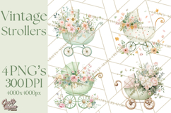 Baby Shower Clipart, Vintage Stroller Png Watercolor Product Image 1