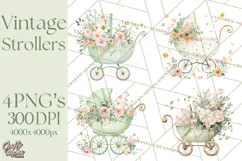 Baby Shower Clipart, Vintage Stroller Png Watercolor Product Image 1