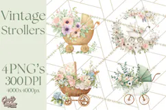 Baby Shower Clipart, Vintage Stroller Png Watercolor Product Image 1