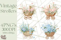 Baby Shower Clipart, Vintage Stroller Png Watercolor Product Image 1