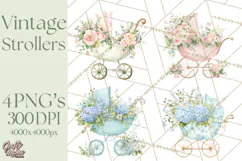 Baby Shower Clipart, Vintage Stroller Png Watercolor Product Image 1