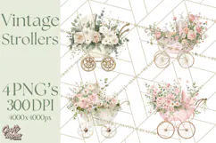 Baby Shower Clipart, Vintage Stroller Png Watercolor Product Image 1
