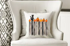 This Halloween PNG features a horizontally arranged fence with textured brushstrokes, a sitting black cat, and six pumpkins in warm orange tones.