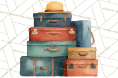 Vintage Travel Clipart, Watercolor Suitcase Clipart PNG Product Image 3
