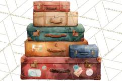 Vintage Travel Clipart, Watercolor Suitcase Clipart PNG Product Image 5