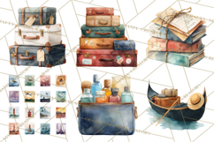 Vintage Travel Clipart, Watercolor Suitcase Clipart PNG Product Image 9