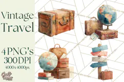 Vintage Travel Clipart, Watercolor Suitcase Clipart PNG Product Image 1