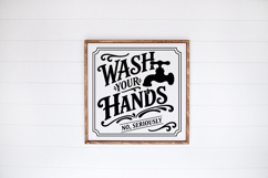 Restroom sign design featuring bold lettering, decorative flourishes, and faucet graphic. Clean, high-contrast layout ideal for home decor and crafting projects.