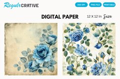 Vintage Watercolor Blue Rose Digital Paper Product Image 1