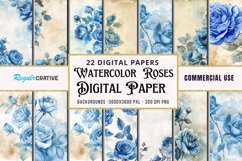 Vintage Watercolor Blue Rose Digital Paper Bundle Product Image 1