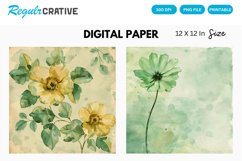 Vintage Watercolor Green Flower Digital Paper Product Image 1