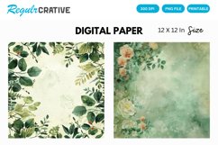 Vintage Watercolor Green Flower Digital Paper Product Image 1