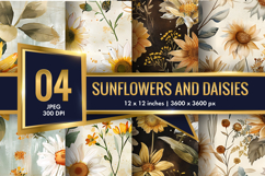 vintage watercolor sunflowers and daisies Digital Paper Product Image 1