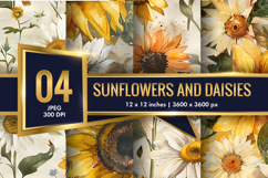 vintage watercolor sunflowers and daisies Digital Paper Product Image 1