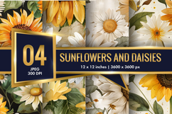 vintage watercolor sunflowers and daisies Digital Paper Product Image 1