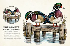 Vintage Wood Ducks on Pier PNG, Wildlife Hunting Design Product Image 1
