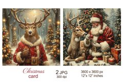 Vintage Santa Christmas Card, Santa Claus and Deer paper Product Image 1