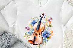 Violin and Flowers Watercolor PNG Clipart Product Image 1