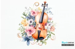 Violin and Flowers Watercolor PNG Clipart Product Image 1