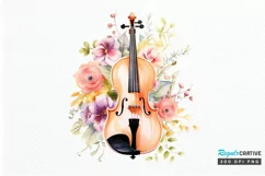 Violin and Flowers Watercolor PNG Clipart Product Image 1