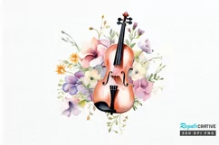 Violin and Flowers Watercolor PNG Clipart Product Image 1