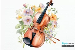 Violin and Flowers Watercolor PNG Clipart Product Image 1