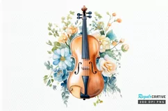 Violin and Flowers Watercolor PNG Clipart Product Image 1