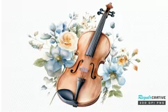 Violin and Flowers Watercolor PNG Clipart Product Image 1