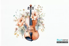 Violin and Flowers Watercolor PNG Clipart Product Image 1