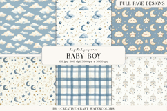 Baby Boy Digital Paper Watercolor Moon Stars Nursery Product Image 1