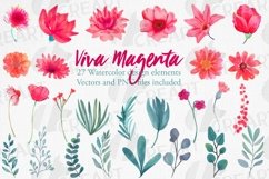 Viva Magenta watercolor flowers green leaves wedding clipart Product Image 1