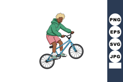 Boy riding blue bicycle wearing green hoodie and pink shorts Product Image 1