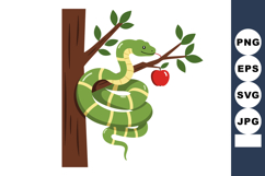 Green snake coiled around tree branch with red apple vector Product Image 1