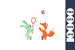 Cute bunny catching butterfly with net near playful fox vect Product Image 1