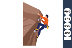 Man climbing steep rock wall wearing orange shirt and blue p Product Image 1